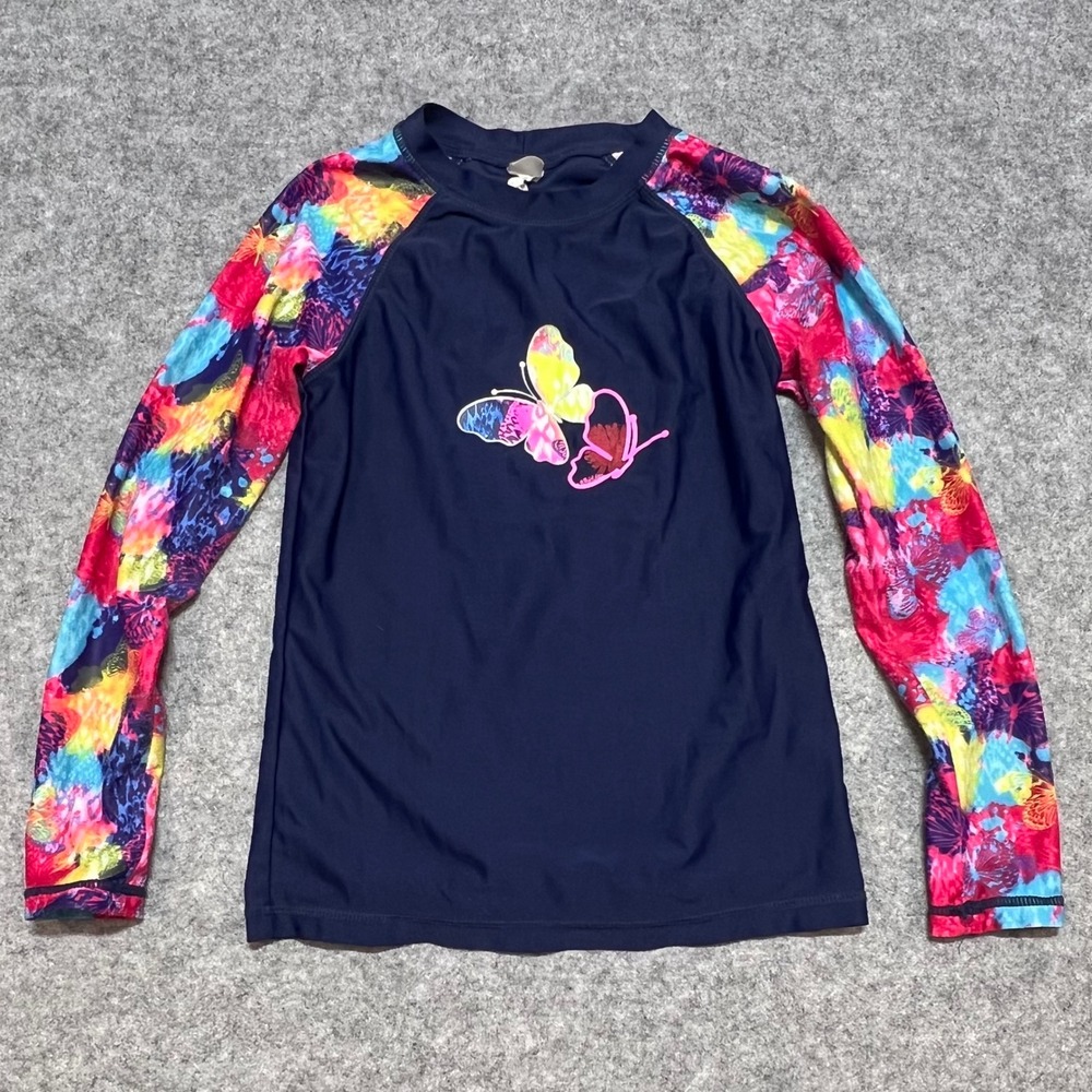 Phibee Kids Girls Navy Blue Butterfly Long Sleeve Rash Guard Swim‎ Shirt Size 10